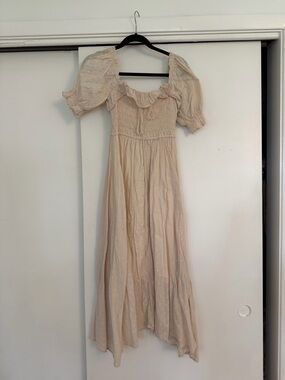 Amazon Light Beige Smocked Midi Dress with Puff Sleeves